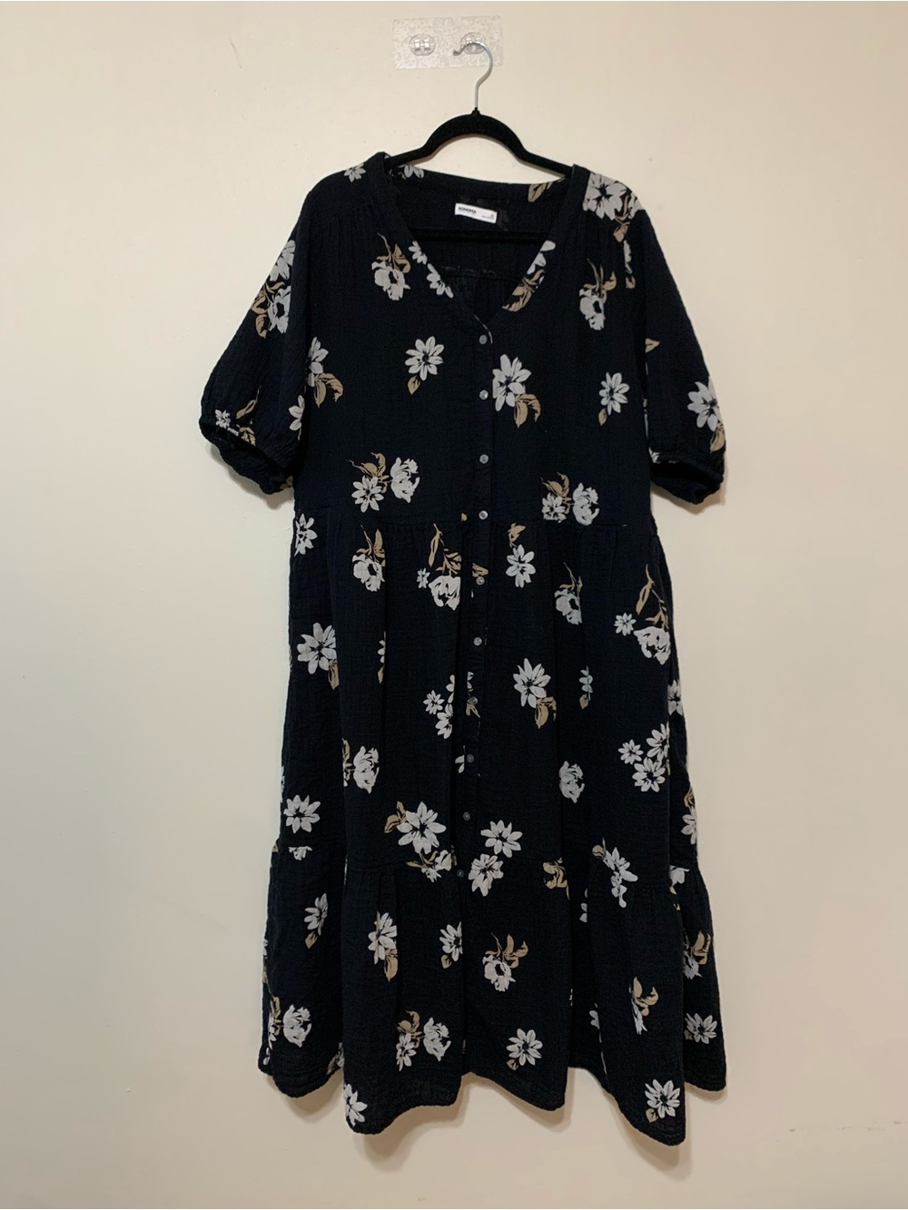 Black Floral Button Floor Mid Length Causal Fall Dress Women’s 2X